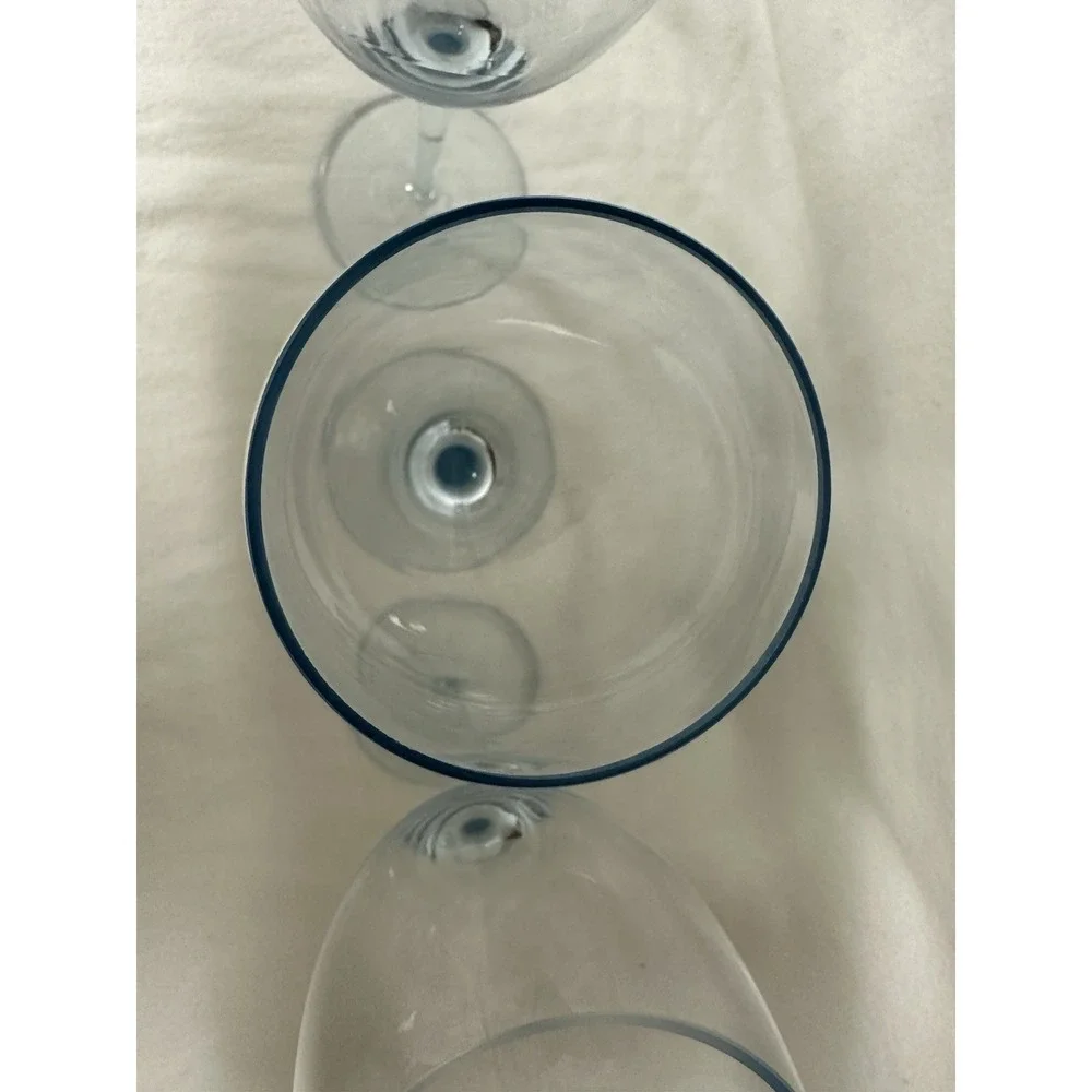 Hand Blown Light Pale Sky Blue Wine Glasses 10 oz Set Of 3 Clear Stem 9.25